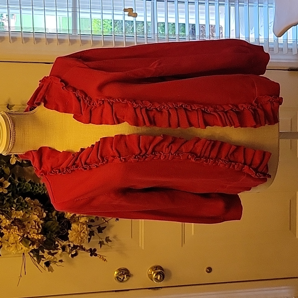 Cato hot pink 3/4 sleeve cardigan ruffle neckline down front 100% cotton L EUC …